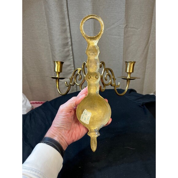 Vintage brass double wall sconces for 1” taper candles set of 2 - Picture 5 of 11